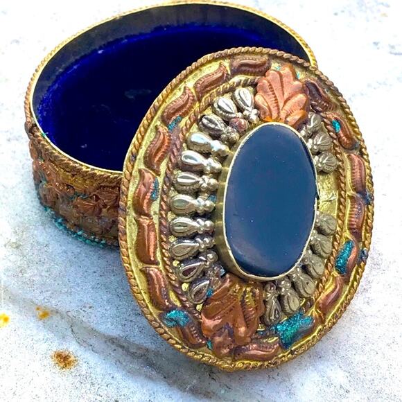 Vintage Other - Vintage Velvet Lined Ring Box Brass Copper Embellished with Black Oval Stone